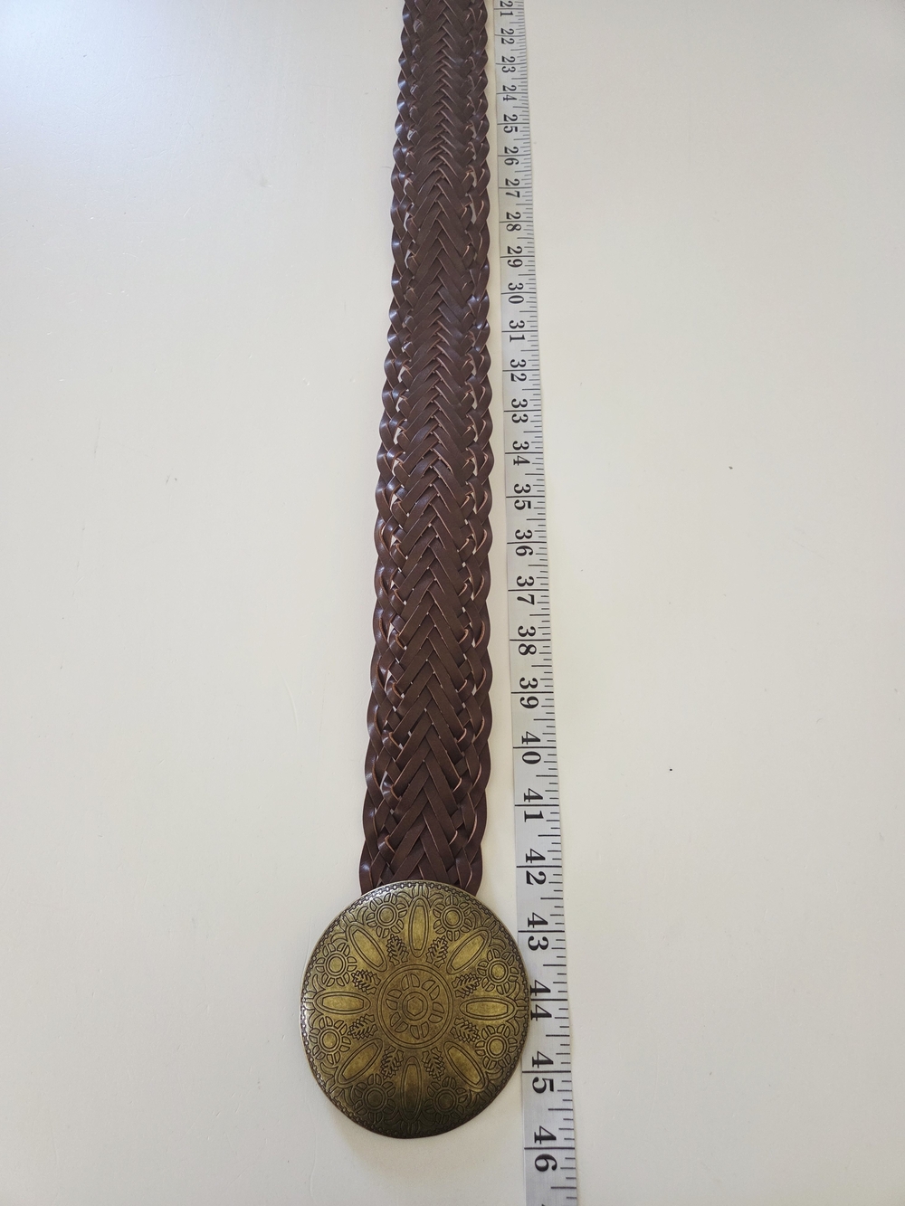 Woven Braided Brown Belt with Decorative Gold Medallion - Picture 6 of 7